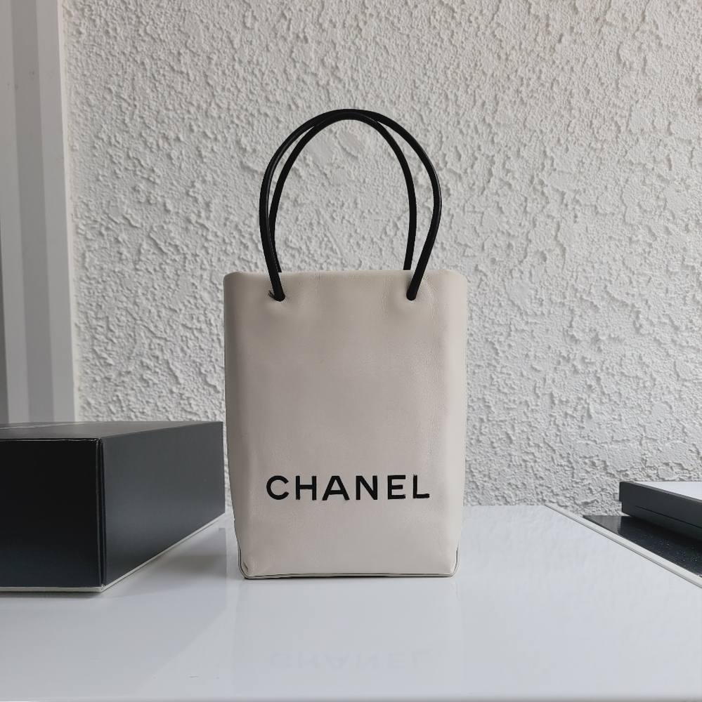 CHANEL Calfskin Mini Shopping Bag White & Black Calfskin Handbag